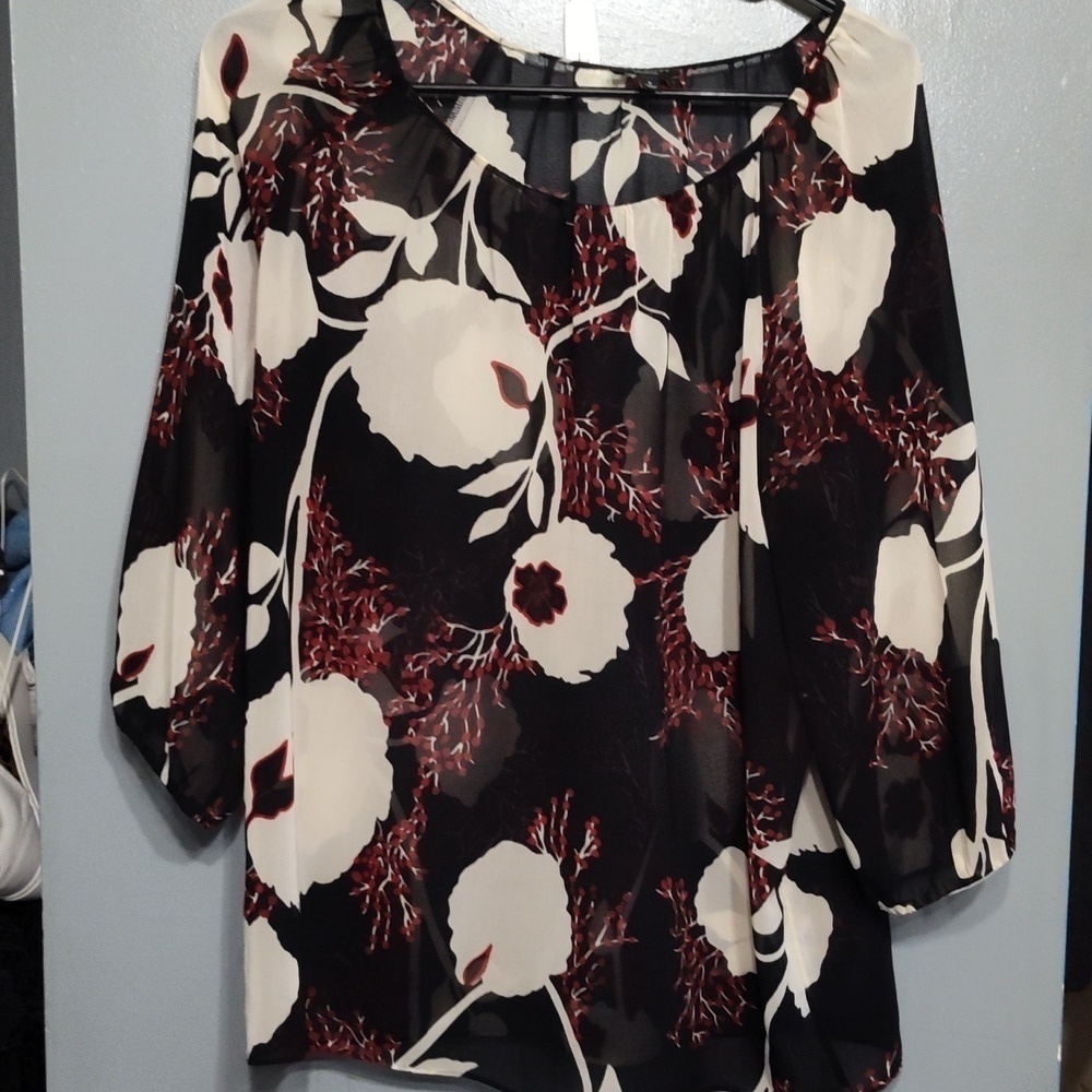 Talbots Woman Sheer Cover Up Floral Black Blouse Shirt Size Small Red/Black